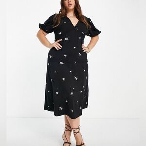 ASOS Midi Dress Black With Pink Rose Embroidery size 14 Boho